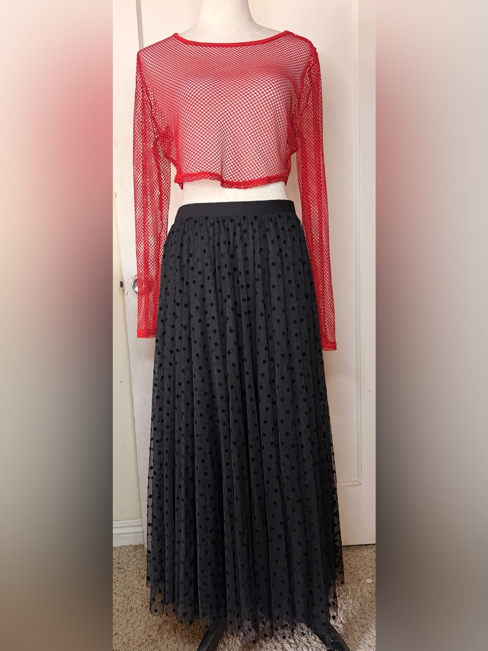 NWT Nordstrom Black Polka Dot Tulle Maxi Skirt Whimsigoth Girly Autumn Holiday